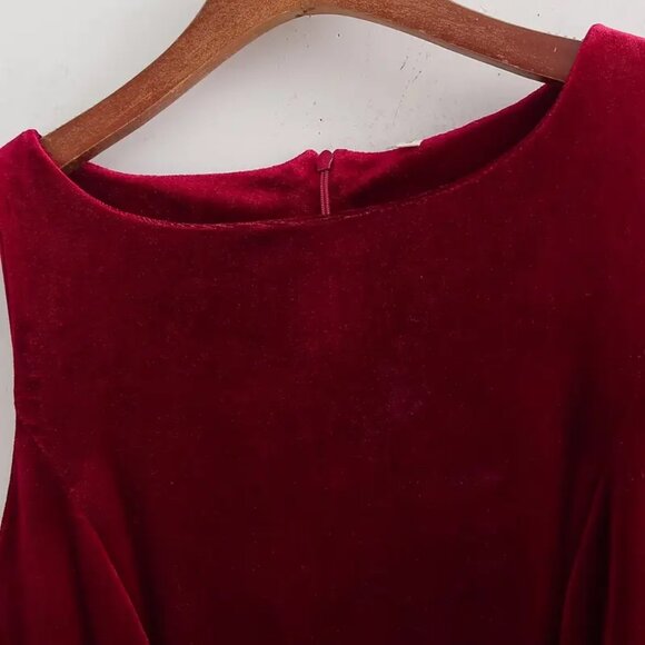 Crimson Velvety Bow-Knot Hem Dress - Picture 4 of 6